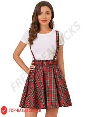 Plaid Pleated Mini Skater Skirt Detachable Suspenders High Waist
